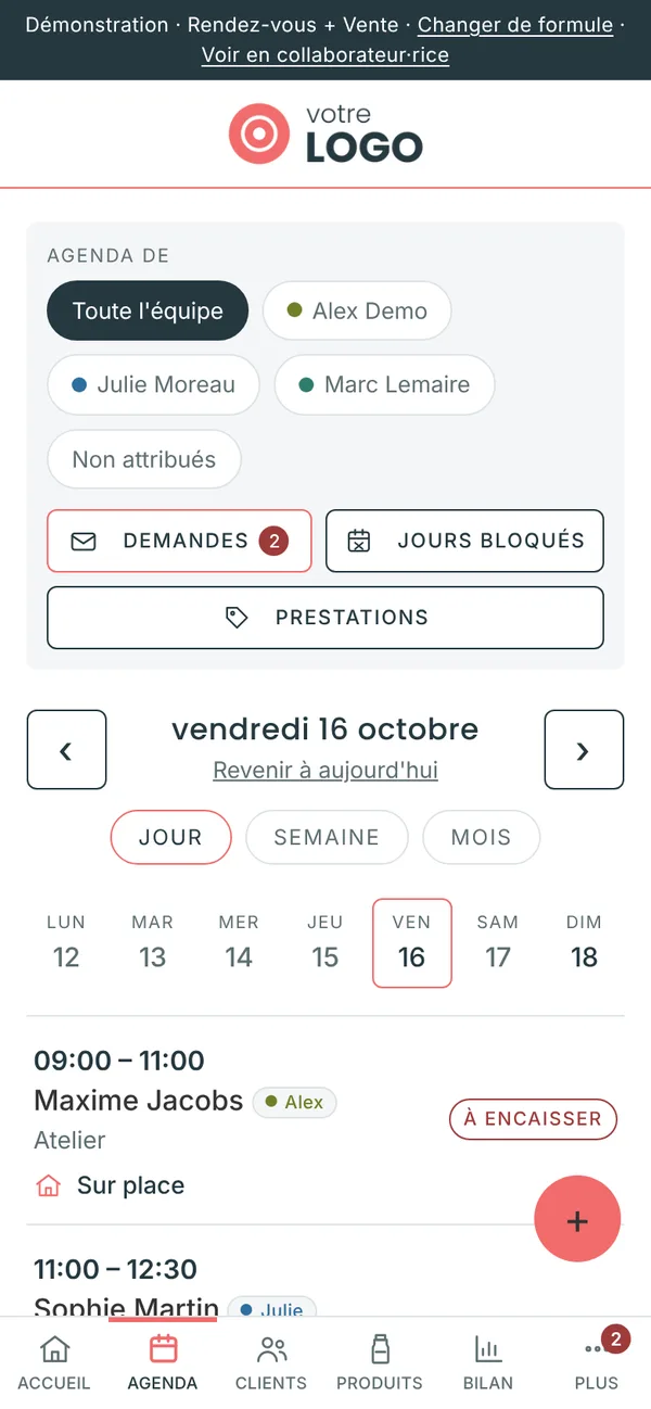 Agenda : toute l'équipe, demandes, jours bloqués (smartphone)