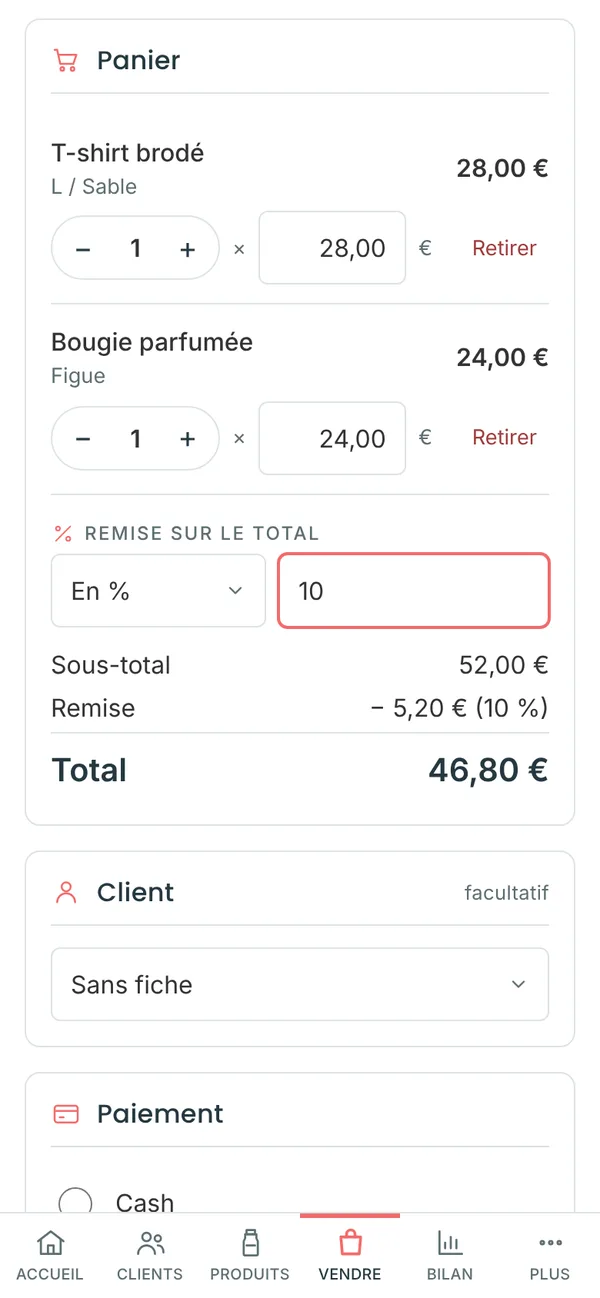 Caisse : panier et remise (smartphone)