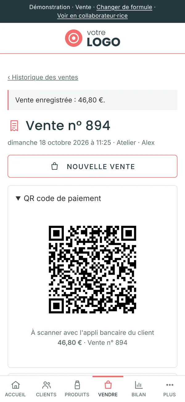 QR code de paiement affiché après une vente