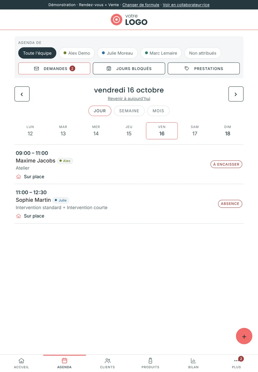 Agenda du jour, toute l'équipe (tablette)