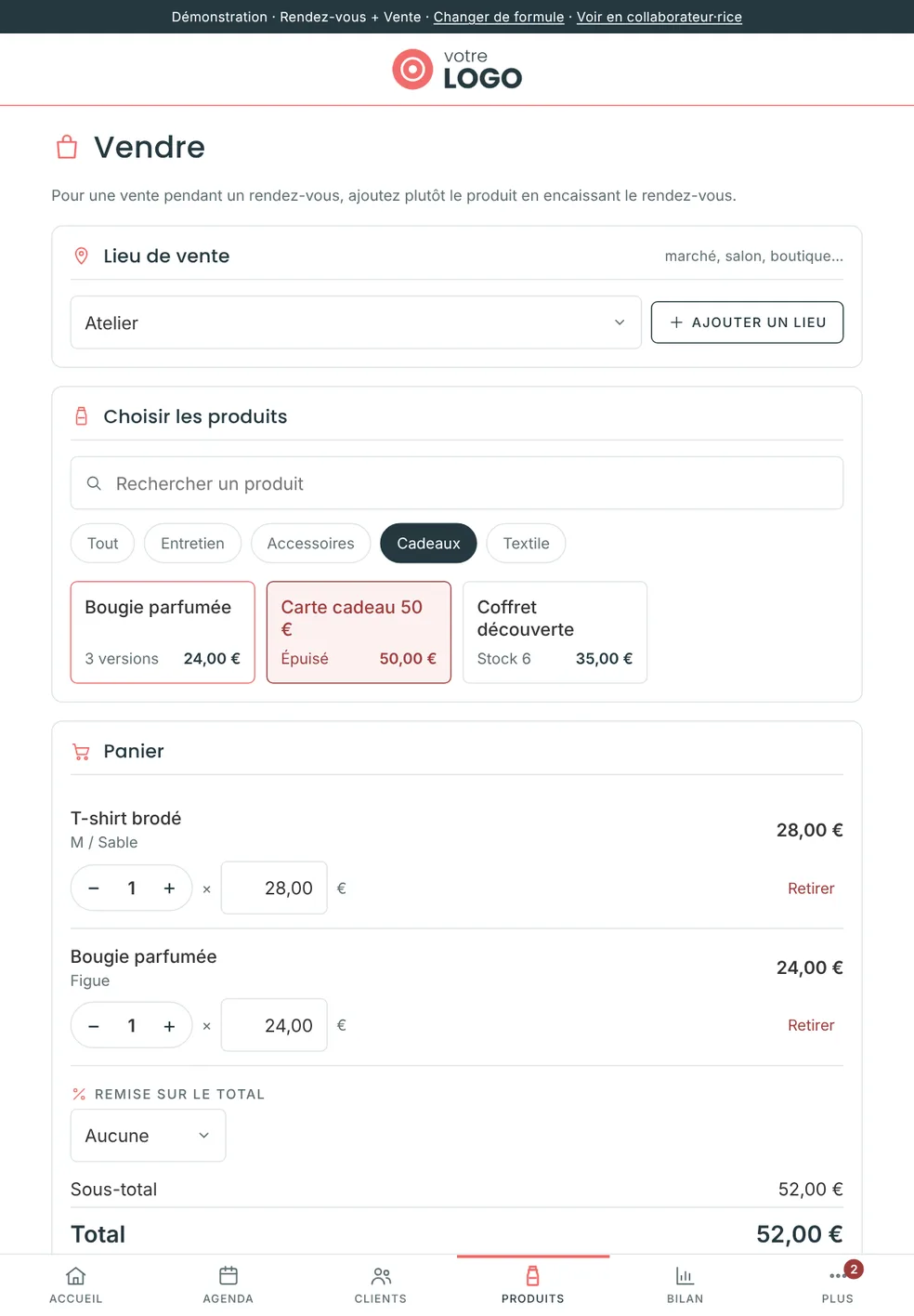 Caisse : lieu, produits, panier (tablette)